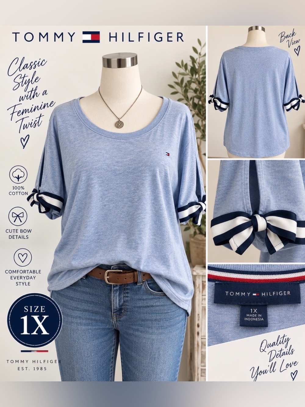 Tommy Hilfiger - Light Blue - Nautical Style with Striped Bow Sleeves - 1X